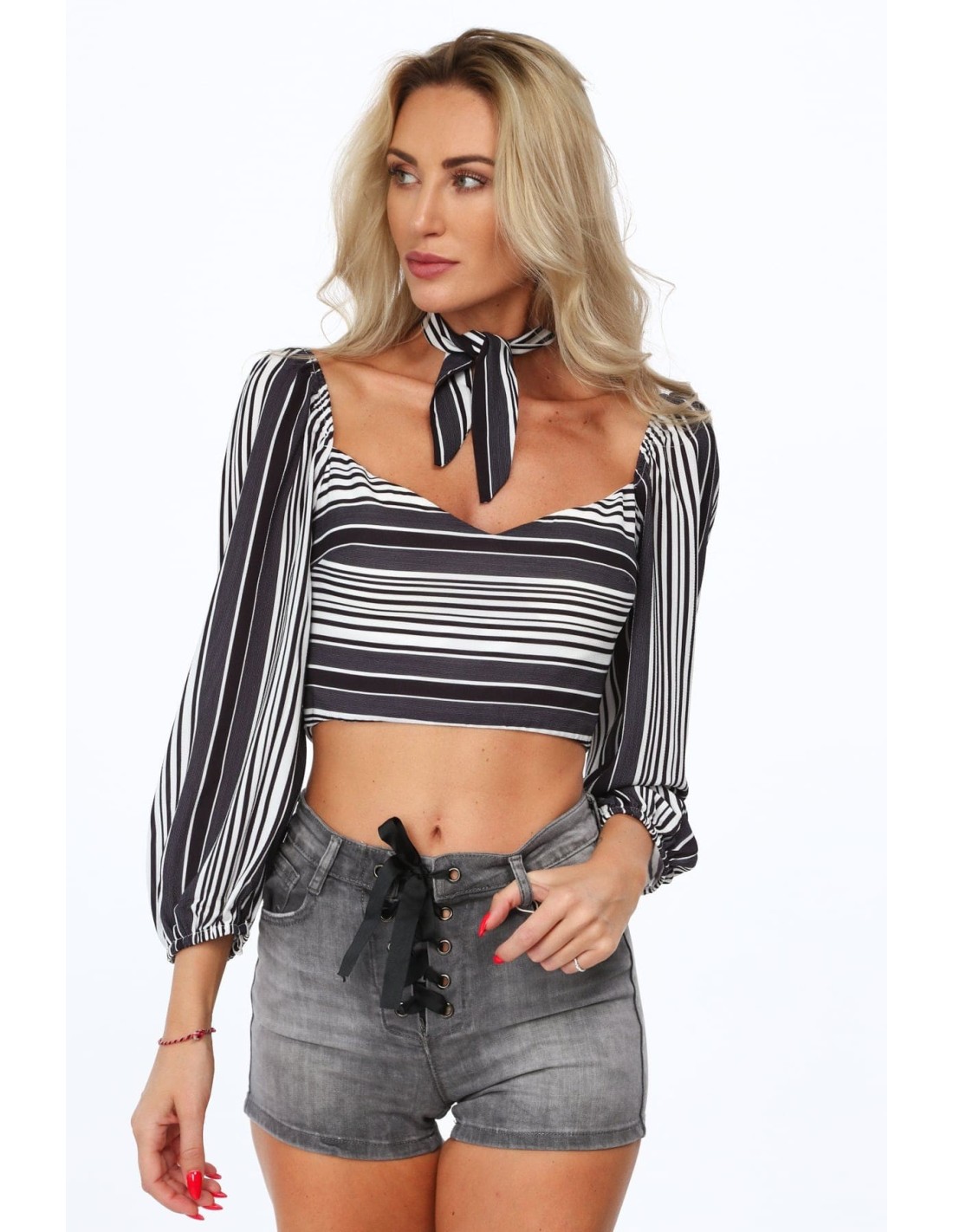 Navy blue short striped blouse 99060 - Online store - Boutique